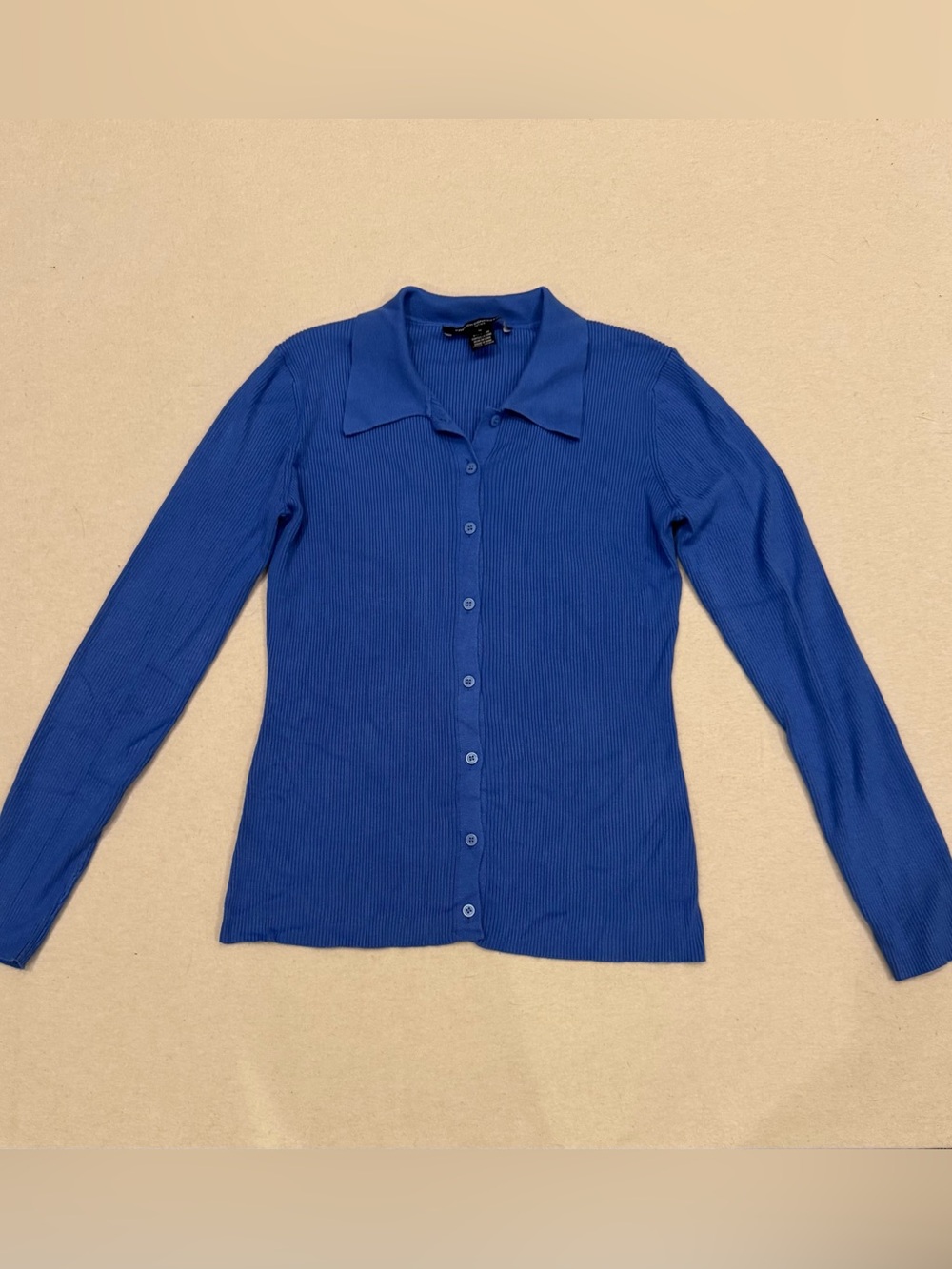 French Connection Slim Ribbed Button-Down Top Cobalt Blue Minimalist, Dopamine